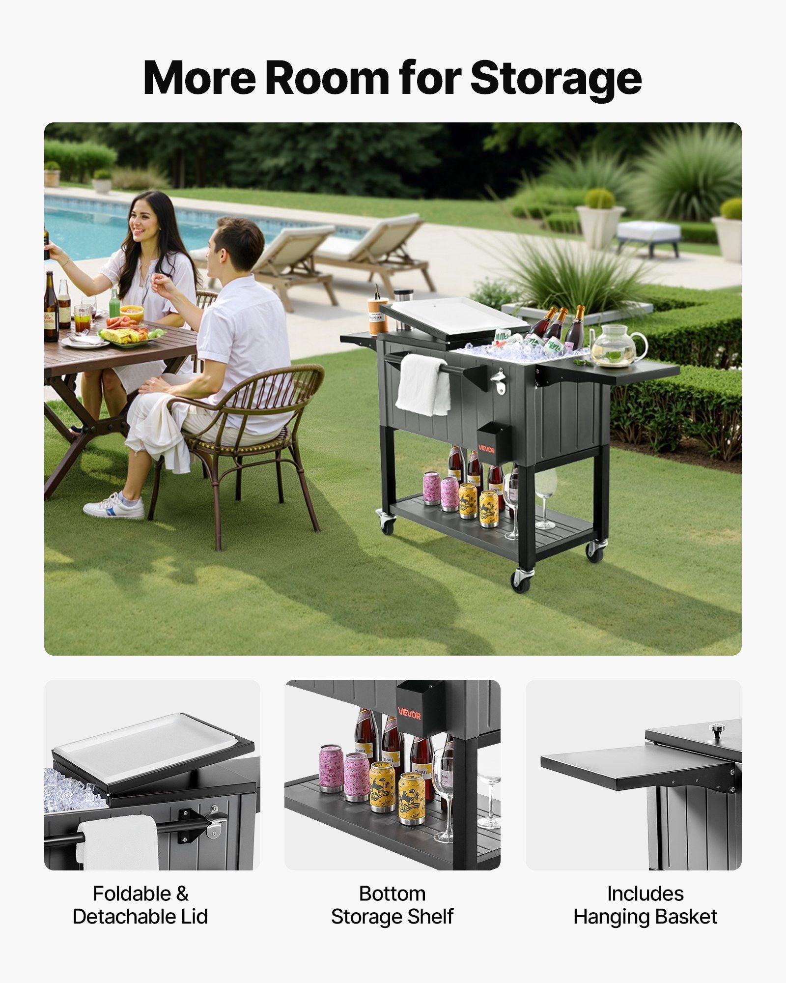 75.7L Rolling Ice Chest, Hold up to 50 Bottles / 110 Cans, Portable Patio Party Bar Drink Cooler Cart with Bottom Shelf & Foldable Side Shelves, Beverage Pool with Swivel Wheels & Bottle Opener