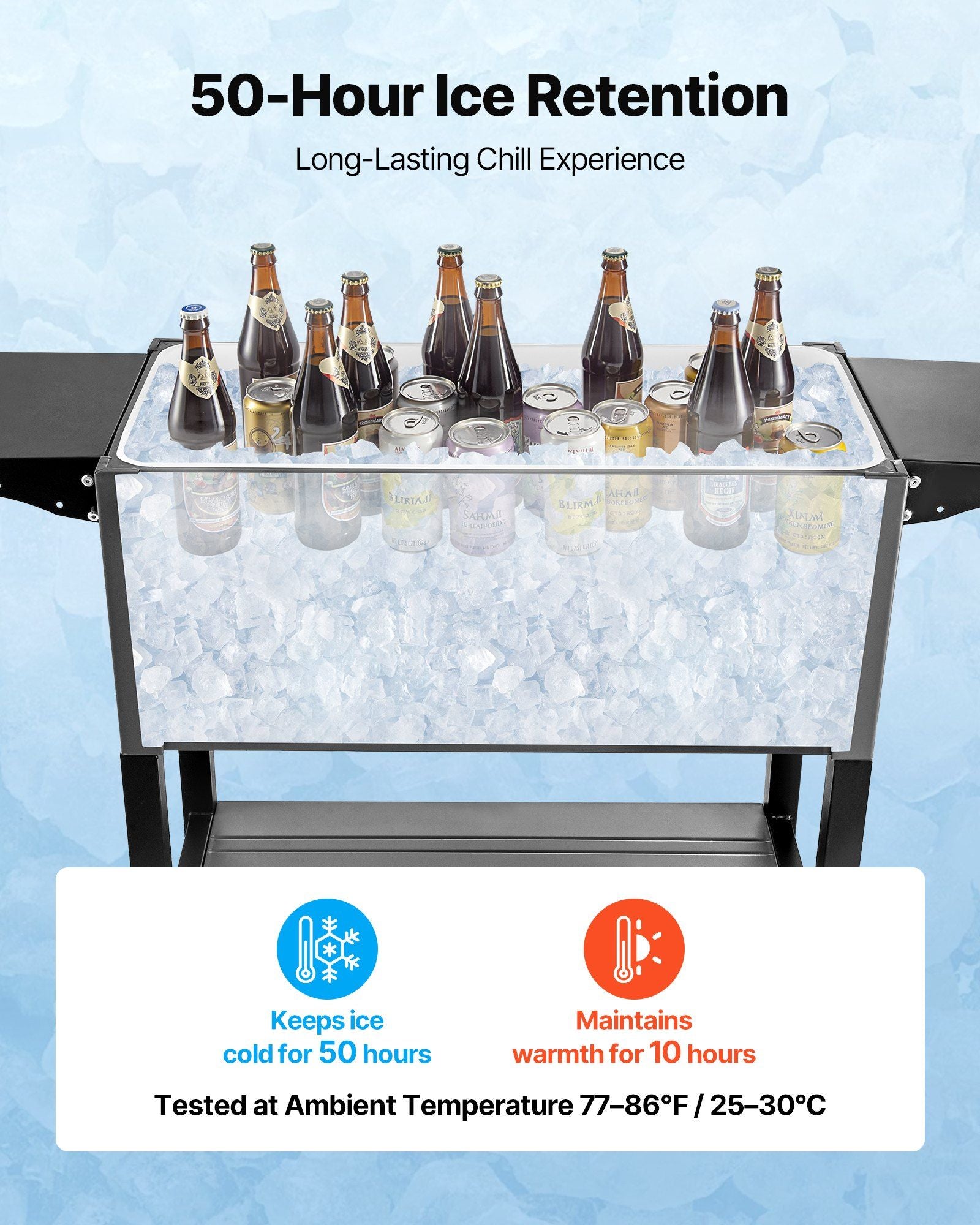 75.7L Rolling Ice Chest, Hold up to 50 Bottles / 110 Cans, Portable Patio Party Bar Drink Cooler Cart with Bottom Shelf & Foldable Side Shelves, Beverage Pool with Swivel Wheels & Bottle Opener