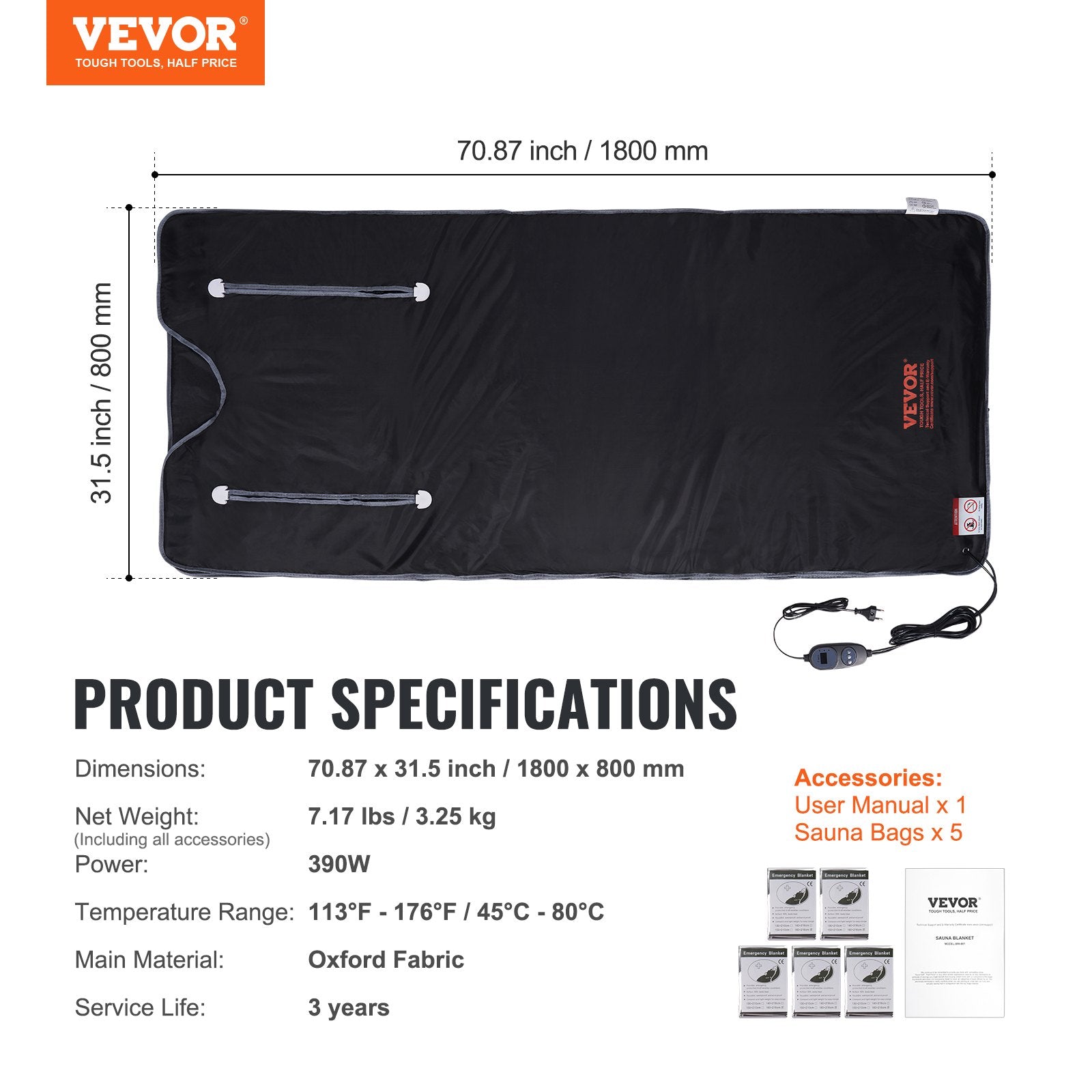 VEVOR Sauna Blanket for Detoxification, Portable Far Infrared Sauna for Home, Oxford Sauna Bag w/ Arm Holes & Carbon Fiber Heating, 1-6 Level Adjustable Temp, 5-60 Minutes Timer, 1800x800mm