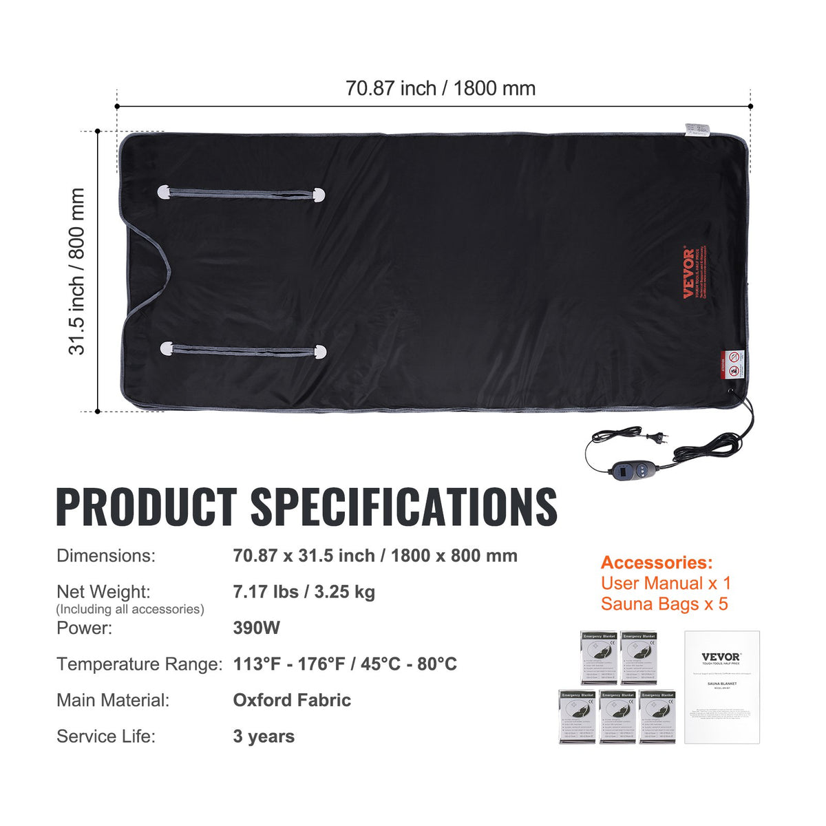 VEVOR Sauna Blanket for Detoxification, Portable Far Infrared Sauna for Home, Oxford Sauna Bag w/ Arm Holes & Carbon Fiber Heating, 1-6 Level Adjustable Temp, 5-60 Minutes Timer, 1800x800mm