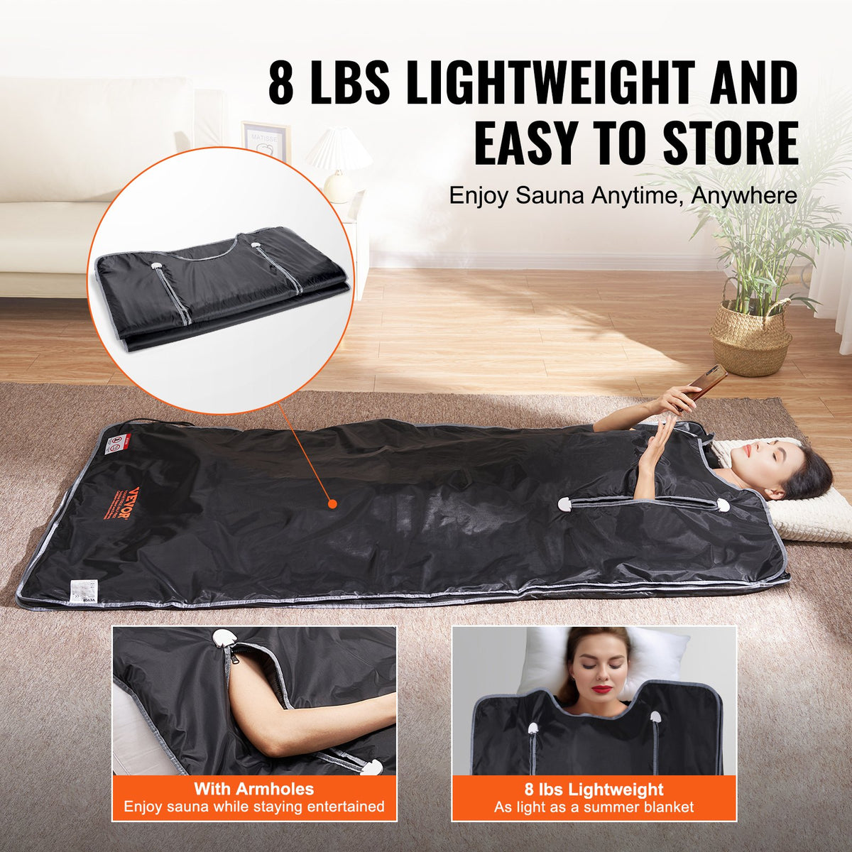 VEVOR Sauna Blanket for Detoxification, Portable Far Infrared Sauna for Home, Oxford Sauna Bag w/ Arm Holes & Carbon Fiber Heating, 1-6 Level Adjustable Temp35-80°C, 5-60 Minutes Timer, 1900x900mm
