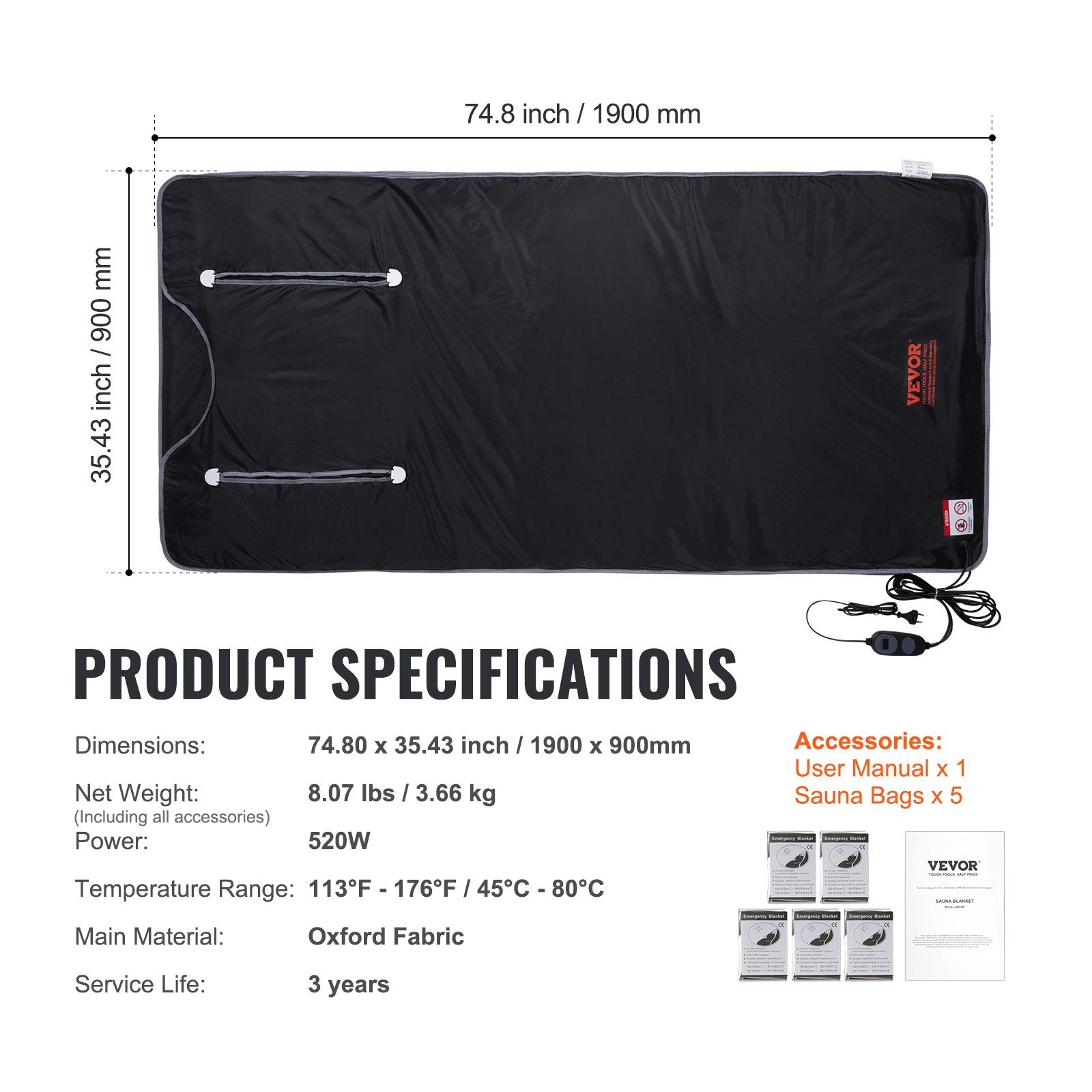 VEVOR Sauna Blanket for Detoxification, Portable Far Infrared Sauna for Home, Oxford Sauna Bag w/ Arm Holes & Carbon Fiber Heating, 1-6 Level Adjustable Temp35-80°C, 5-60 Minutes Timer, 1900x900mm