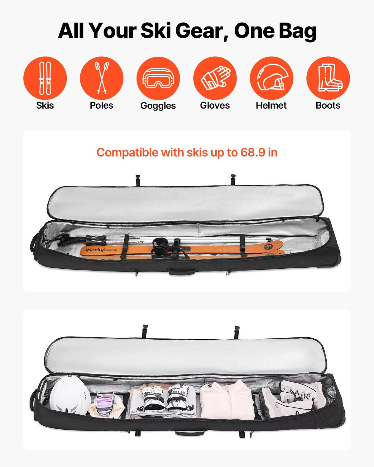 Ski Roller Bag, Up to 74.8 in/190 cm, Padded Snowboard Bag with Wheels for Air Travel, 600D Waterproof Oxford Fabric, with Adjustable Straps, for Skis Poles Goggles Gloves Helmet Boots (Black)