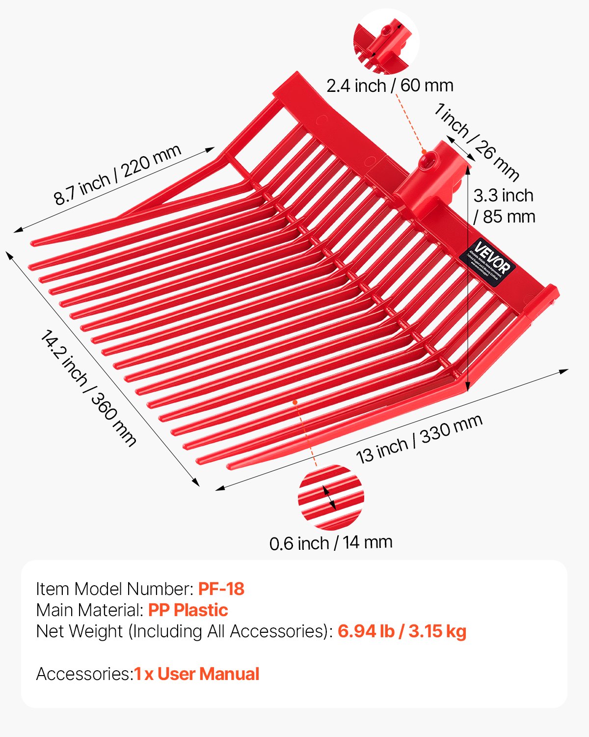 VEVOR 6Pcs Manure Fork Replacement Head 18 Tine Horse Stable Mulch Fork Heads