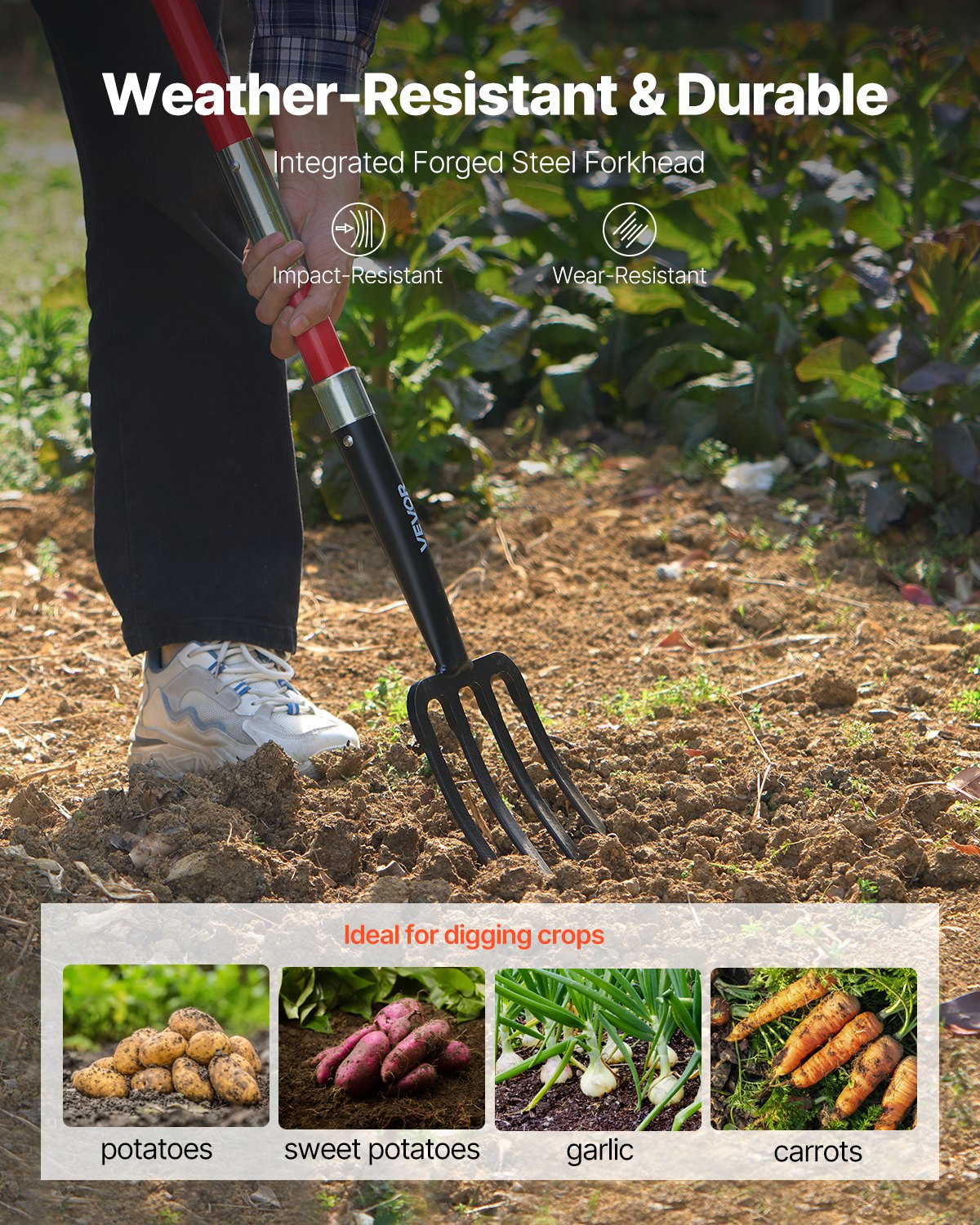 VEVOR 4 Tines Garden Fork Fiberglass Handle 45 in Spading Pitchfork Heavy Duty