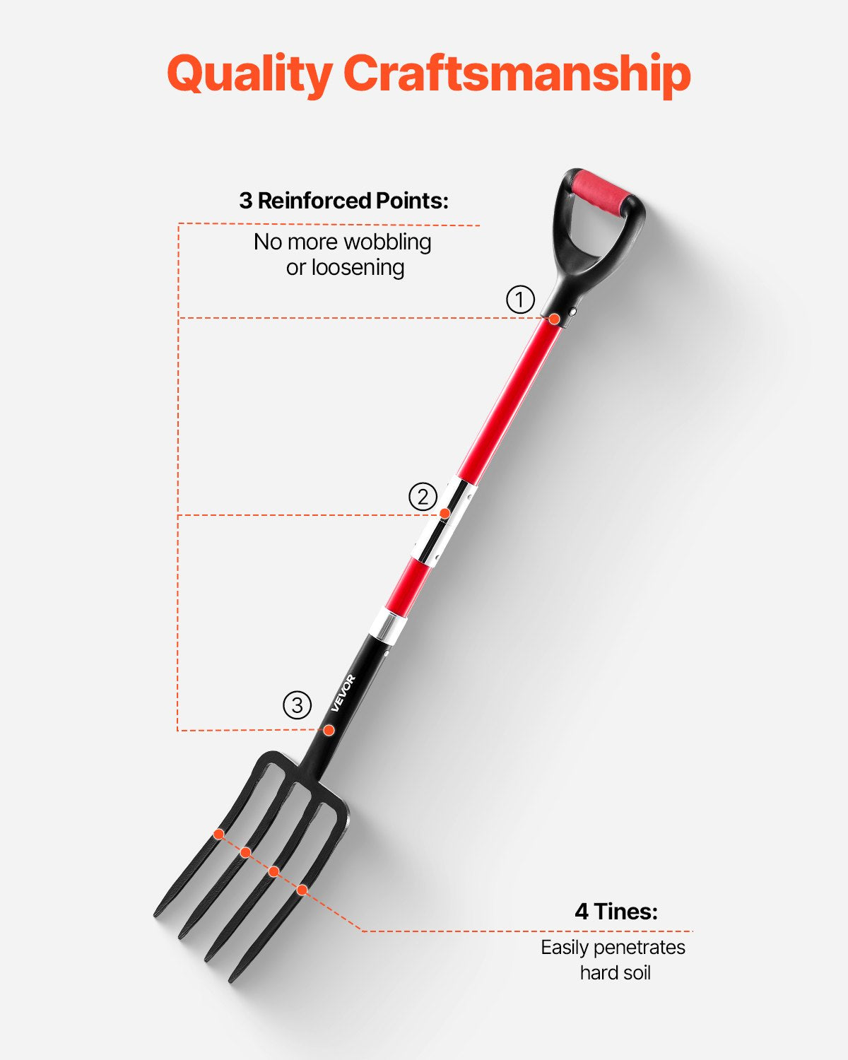VEVOR 4 Tines Garden Fork Fiberglass Handle 45 in Spading Pitchfork Heavy Duty