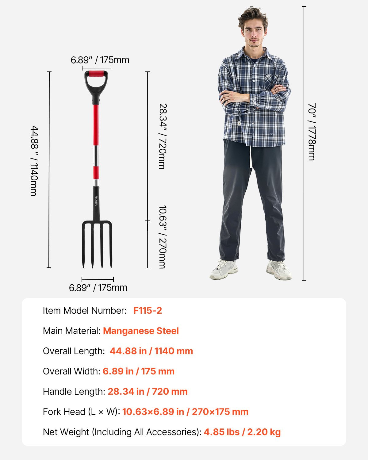 VEVOR 4 Tines Garden Fork Fiberglass Handle 45 in Spading Pitchfork Heavy Duty