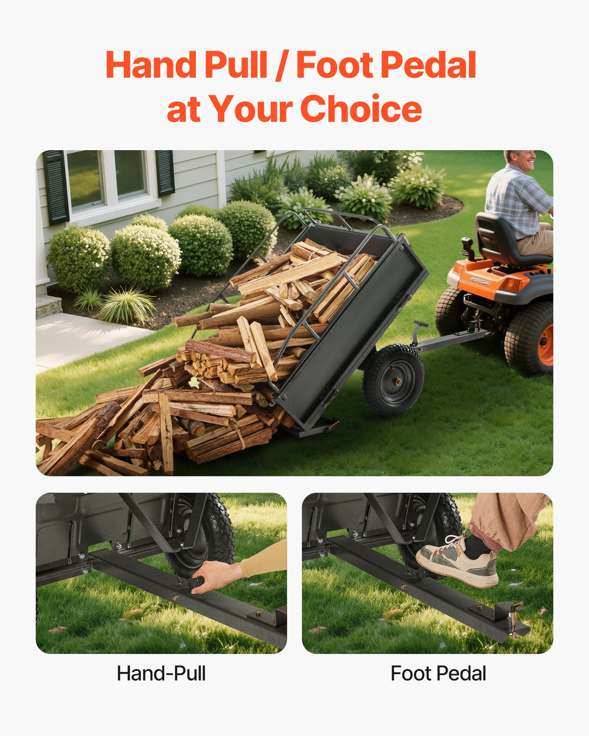 VEVOR Garden Utility Trailer, 10 Cu. Ft & 227 kg Capacity, ATV UTV Hauling Trailer, Tow Behind Steel Dump Cart with 14" Tires, Hand Pull or Foot Pedal, Heavy Duty Yard Trailers for Lawn Mower Tractor