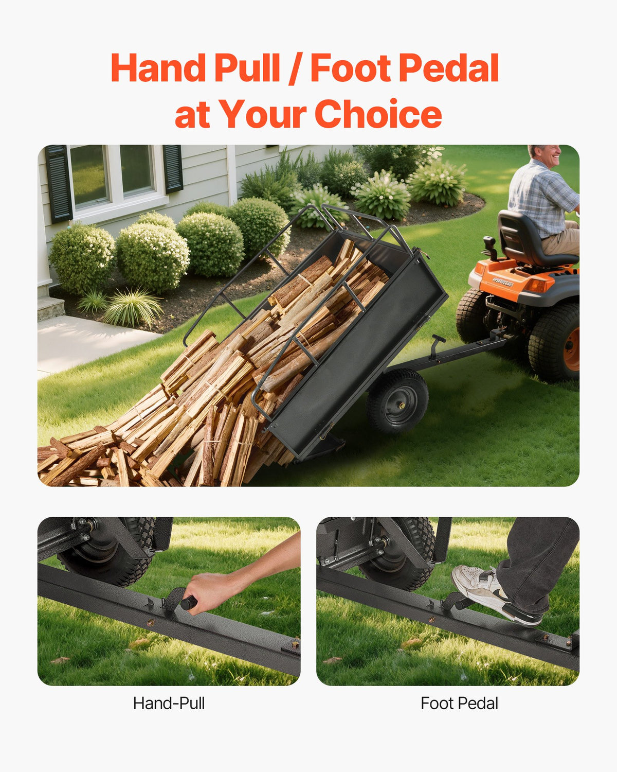 VEVOR Garden Utility Trailer, 17 Cu. Ft & 272 kg Capacity, ATV UTV Hauling Trailer, Tow Behind Steel Dump Cart with 16" Tires, Hand Pull or Foot Pedal, Heavy Duty Yard Trailers for Lawn Mower Tractor