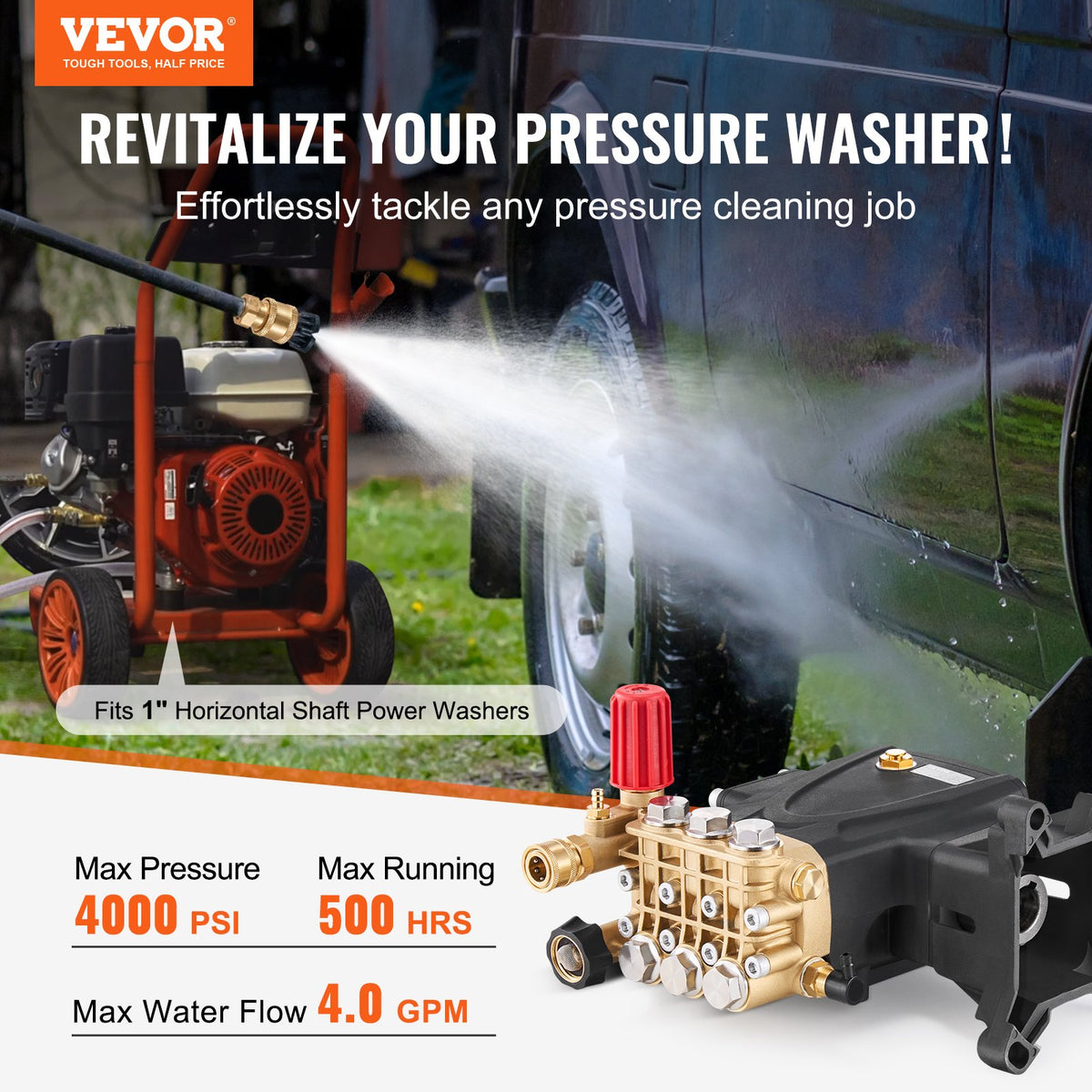 VEVOR Pressure Washer Pump, 1" Shaft Horizontal Triplex Plunger, 4000 PSI, 4.0GPM, Replacement Power Washer Pumps Kit with Hardware, Compatible with Simpson MorFlex 40224, 40225, 40226, Santoprene