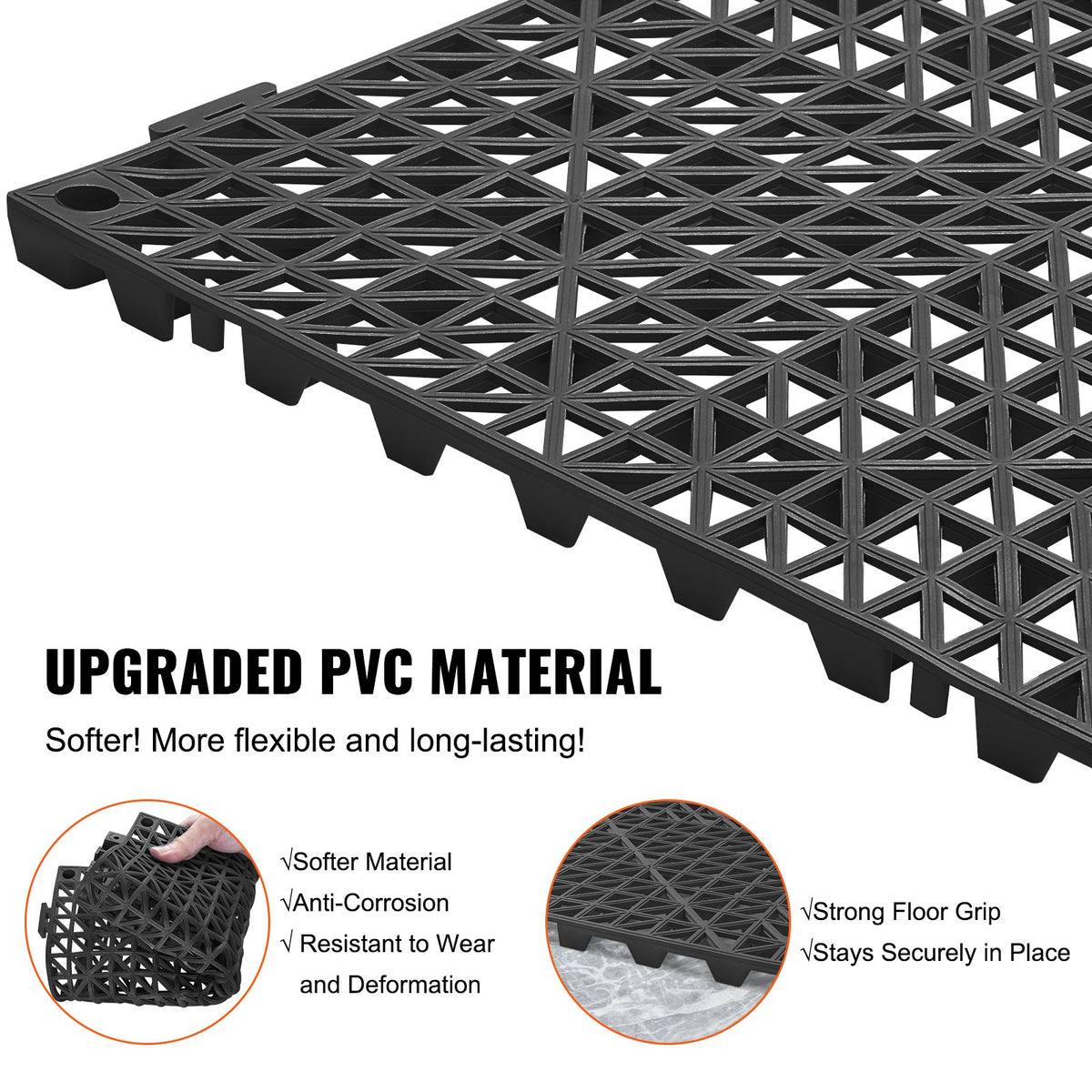 VEVOR Modular Interlocking Cushion, 50 Pack 30 x 30 cm Splicing Drainage Mats, PVC Interlocking Drainage Floor Tiles, Non-Slip Drainage Holes for Restroom, Bathroom, Kitchen, Pool, Wet Area, Black