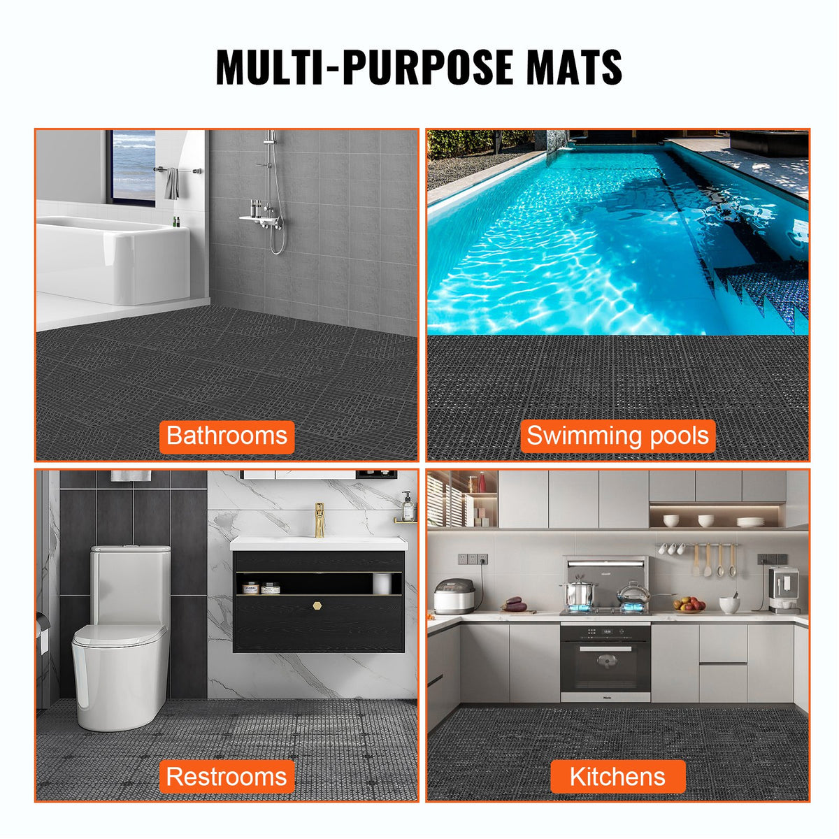 VEVOR Modular Interlocking Cushion, 50 Pack 30 x 30 cm Splicing Drainage Mats, PVC Interlocking Drainage Floor Tiles, Non-Slip Drainage Holes for Restroom, Bathroom, Kitchen, Pool, Wet Area, Black