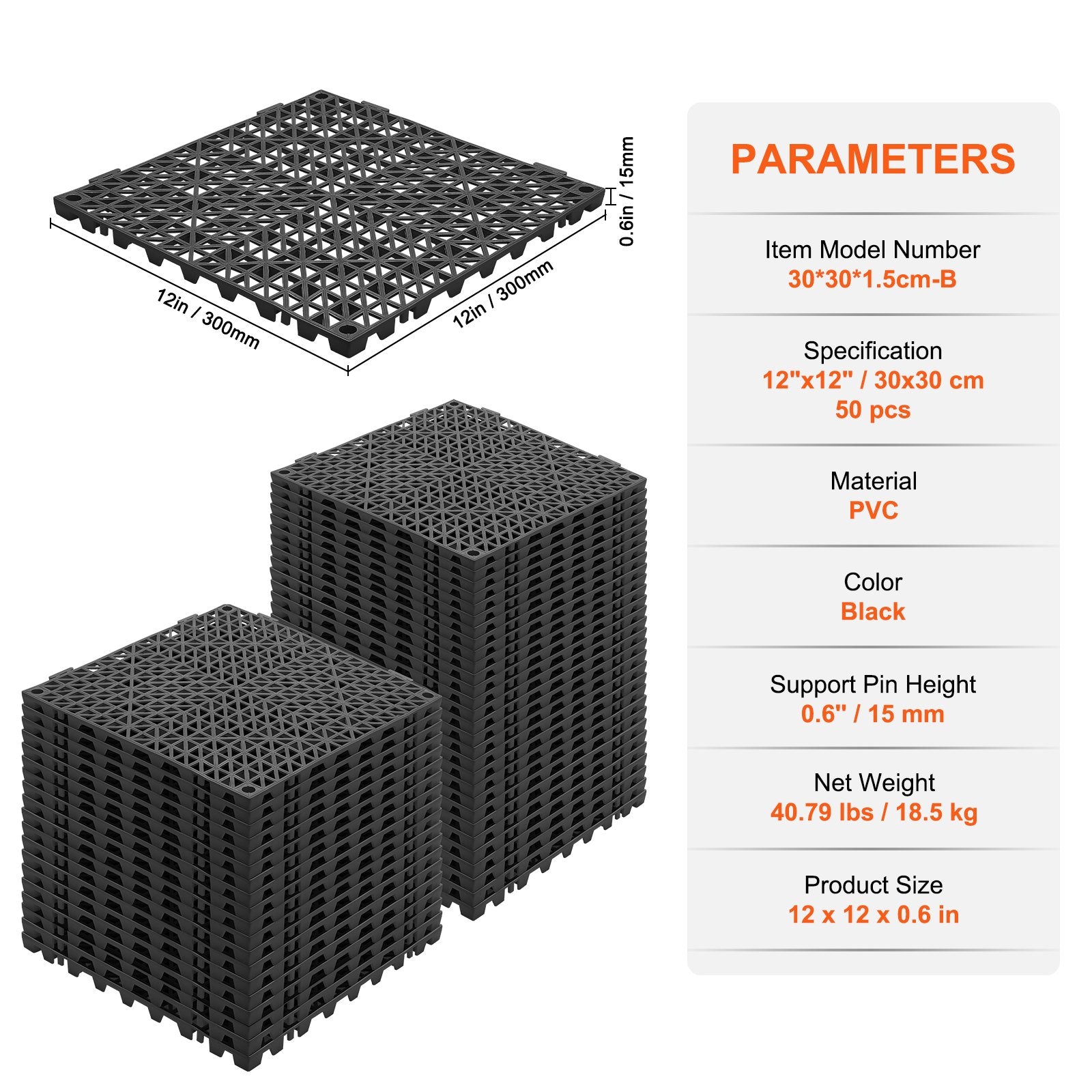 VEVOR Modular Interlocking Cushion, 50 Pack 30 x 30 cm Splicing Drainage Mats, PVC Interlocking Drainage Floor Tiles, Non-Slip Drainage Holes for Restroom, Bathroom, Kitchen, Pool, Wet Area, Black