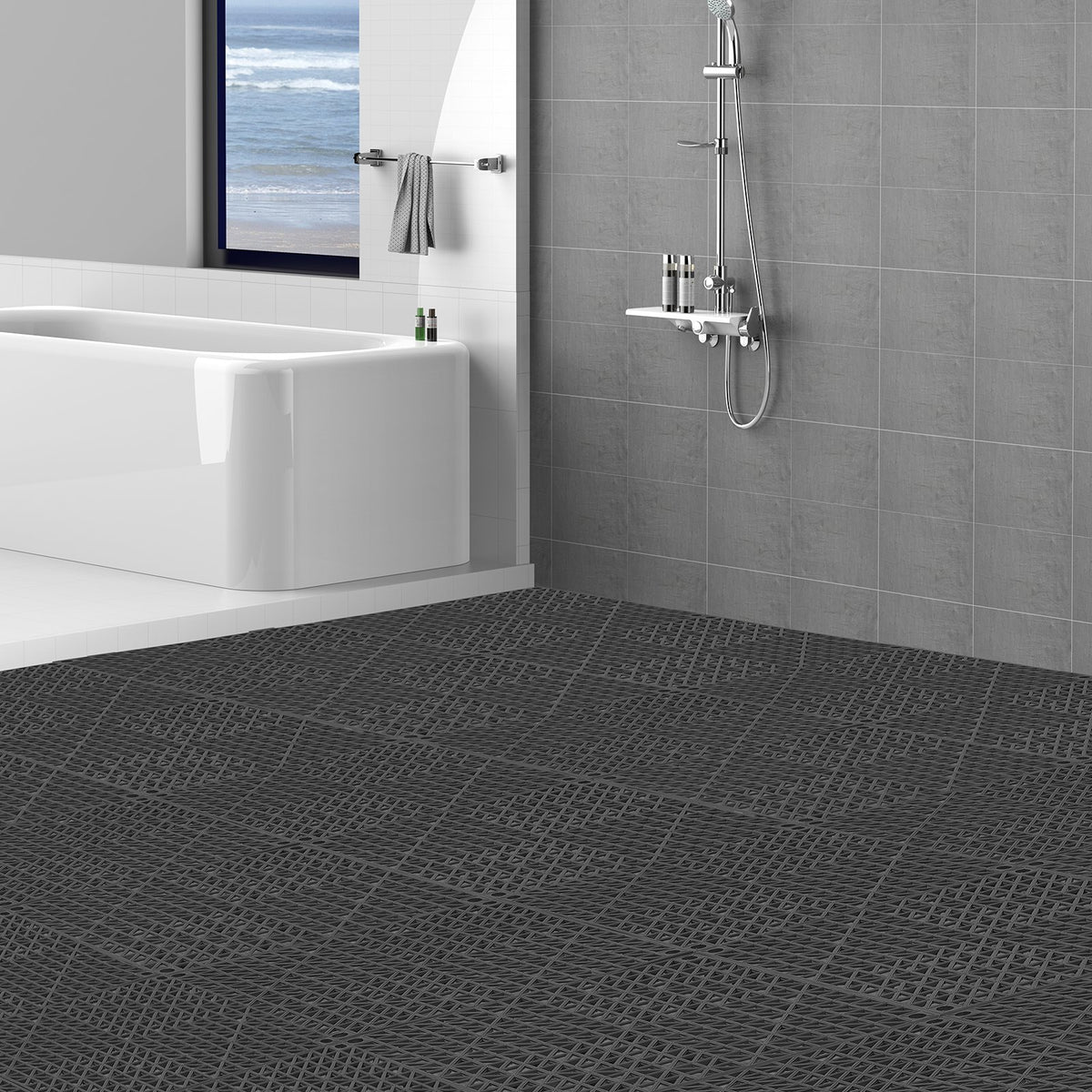 VEVOR Modular Interlocking Cushion, 50 Pack 30 x 30 cm Splicing Drainage Mats, PVC Interlocking Drainage Floor Tiles, Non-Slip Drainage Holes for Restroom, Bathroom, Kitchen, Pool, Wet Area, Black