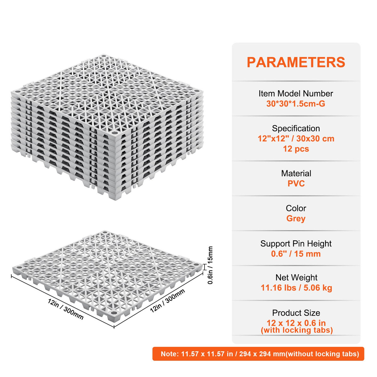 VEVOR Modular Interlocking Cushion, 12 Pack 30 x 30 cm Splicing Drainage Mats, Soft PVC Interlocking Drainage Floor Tiles, Non-Slip Drainage Holes for Restroom, Bathroom, Kitchen, Pool, Wet Area, Gray