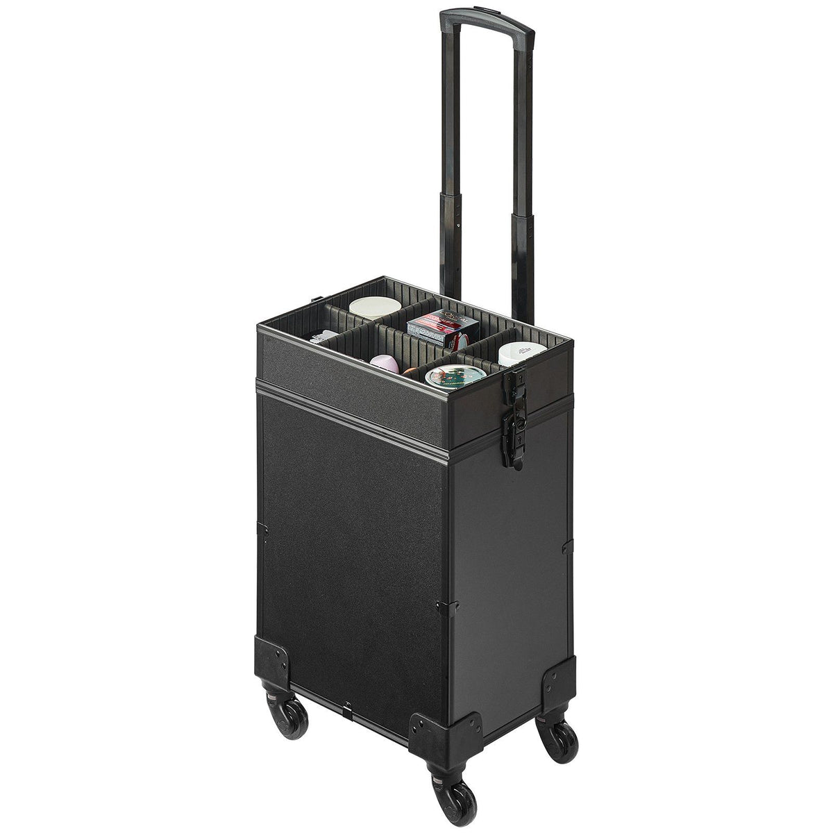 5 in 1 Professional Makeup Train Case Aluminum Cosmetic Case, Rolling Makeup Case Extra Large Trolley Makeup Travel Organizer, with 360° Swivel Wheels &amp; Adjustable Pull Rod, Black