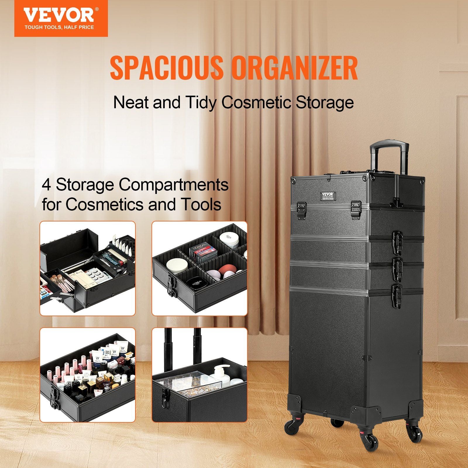 5 in 1 Professional Makeup Train Case Aluminum Cosmetic Case, Rolling Makeup Case Extra Large Trolley Makeup Travel Organizer, with 360° Swivel Wheels & Adjustable Pull Rod, Black