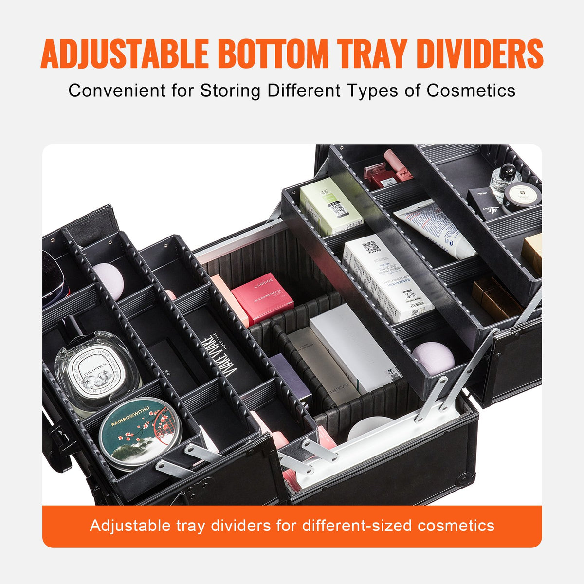 VEVOR Makeup Train Case 370MM Large Portable Cosmetic Case, 6 Tier Trays Professional Makeup Storage Organizer Box Make Up Carrier with Handle And Strap Travel Case for Women and Girls - Black