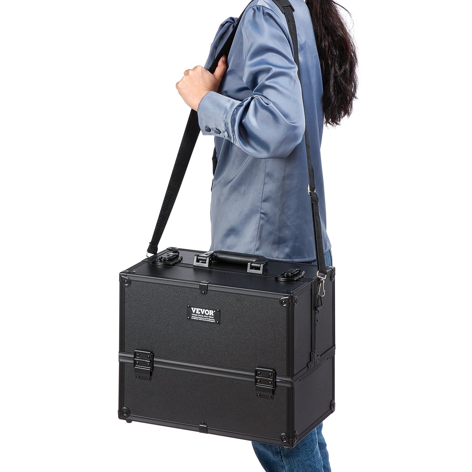 VEVOR Makeup Train Case 370MM Large Portable Cosmetic Case, 6 Tier Trays Professional Makeup Storage Organizer Box Make Up Carrier with Handle And Strap Travel Case for Women and Girls - Black