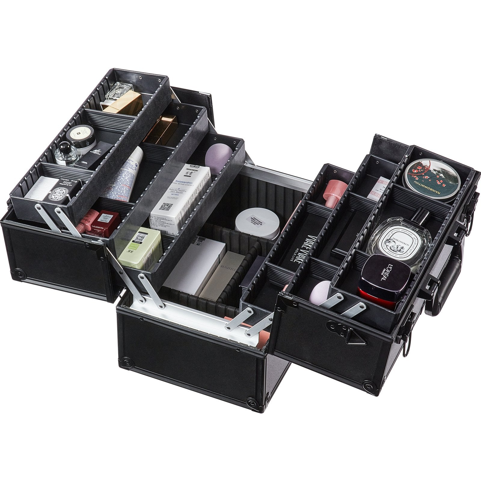 VEVOR Makeup Train Case 370MM Large Portable Cosmetic Case, 6 Tier Trays Professional Makeup Storage Organizer Box Make Up Carrier with Handle And Strap Travel Case for Women and Girls - Black