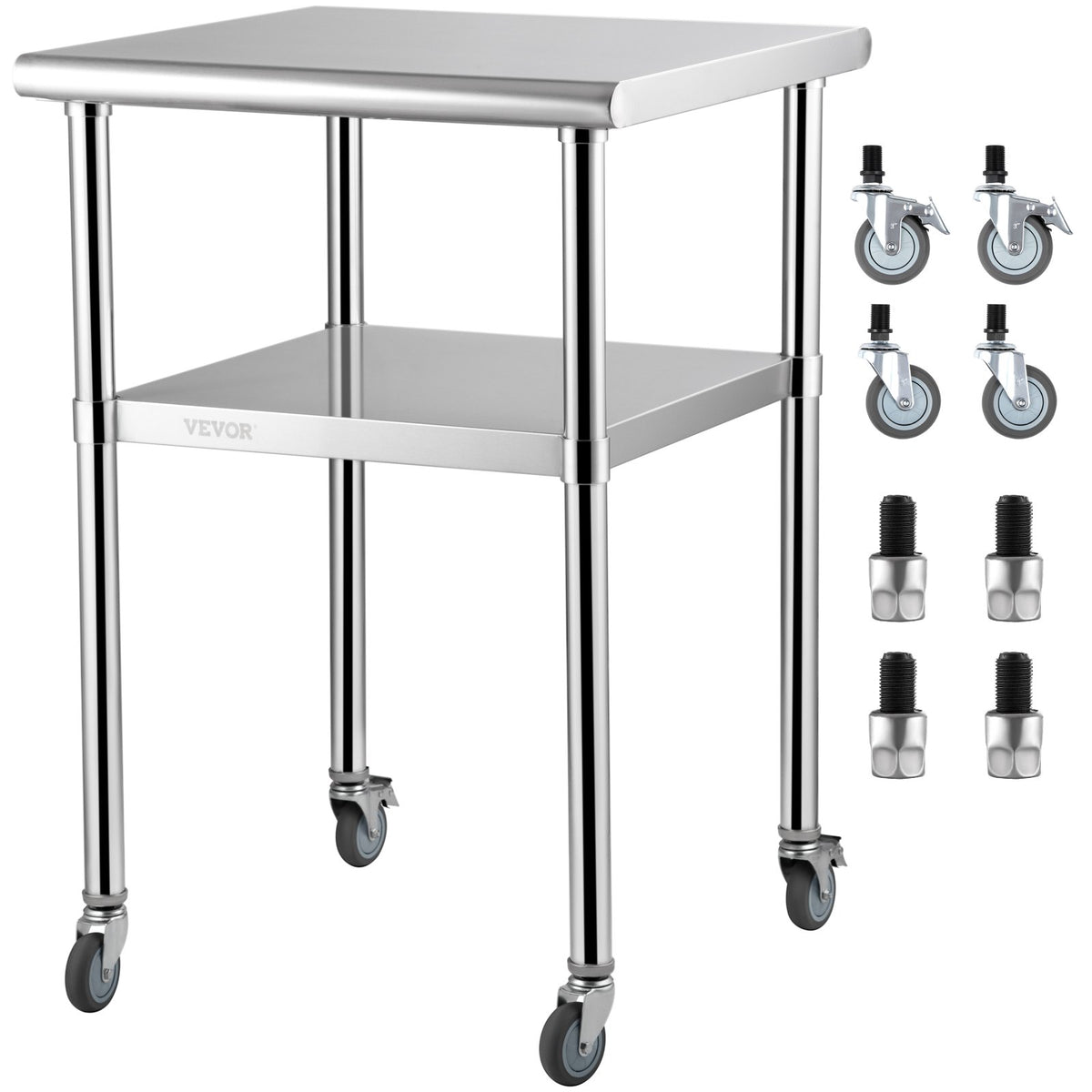 VEVOR Stainless Steel Prep Table, 61 x 61 x 91.4 cm, 600lbs Load Capacity Heavy Duty Metal Worktable with Adjustable Undershelf &amp; Universal Wheels, Commercial Workstation for Kitchen Garage Backyard