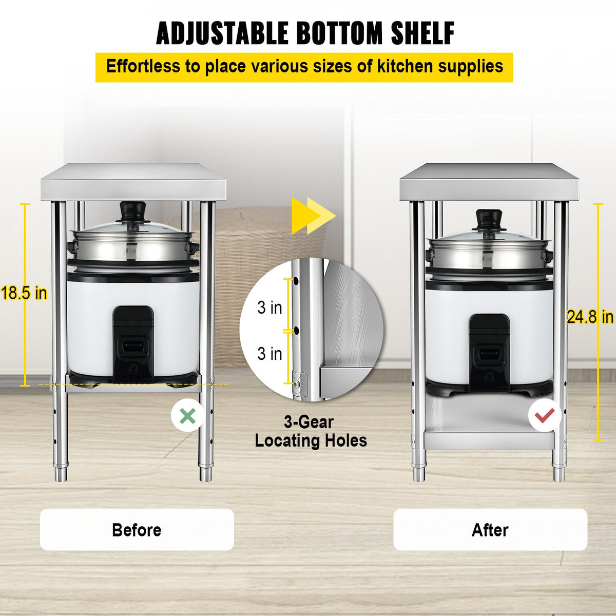 VEVOR Stainless Steel Prep Table, 122 x 46 x 86 cm, 250kg Load Capacity Heavy Duty Metal Worktable with Adjustable Undershelf, Commercial Workstation for Kitchen Restaurant Garage Backyard