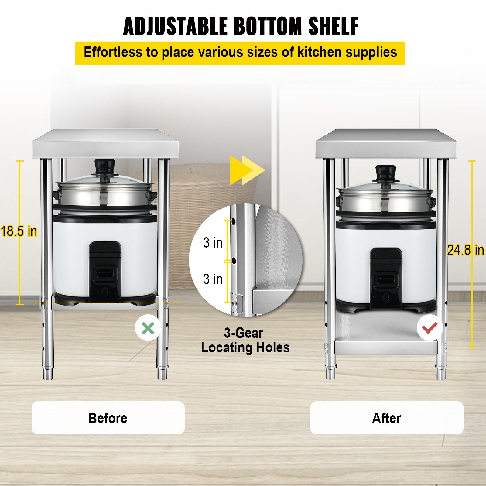 VEVOR Stainless Steel Prep Table, 122 x 46 x 86 cm, 250kg Load Capacity Heavy Duty Metal Worktable with Adjustable Undershelf, Commercial Workstation for Kitchen Restaurant Garage Backyard