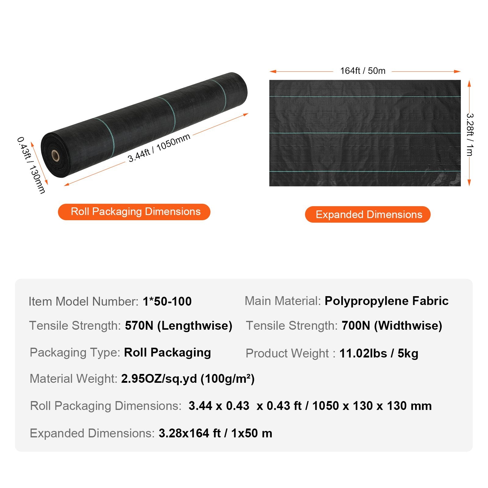 VEVOR Weed Barrier Landscape Fabric, 3.28*164FT Heavy Duty Garden Weed Fabric, Woven PP Weed Control Fabric, Driveway Fabric, Geotextile Fabric for Landscaping, Ground Cover, Weed Blocker Weed Mat