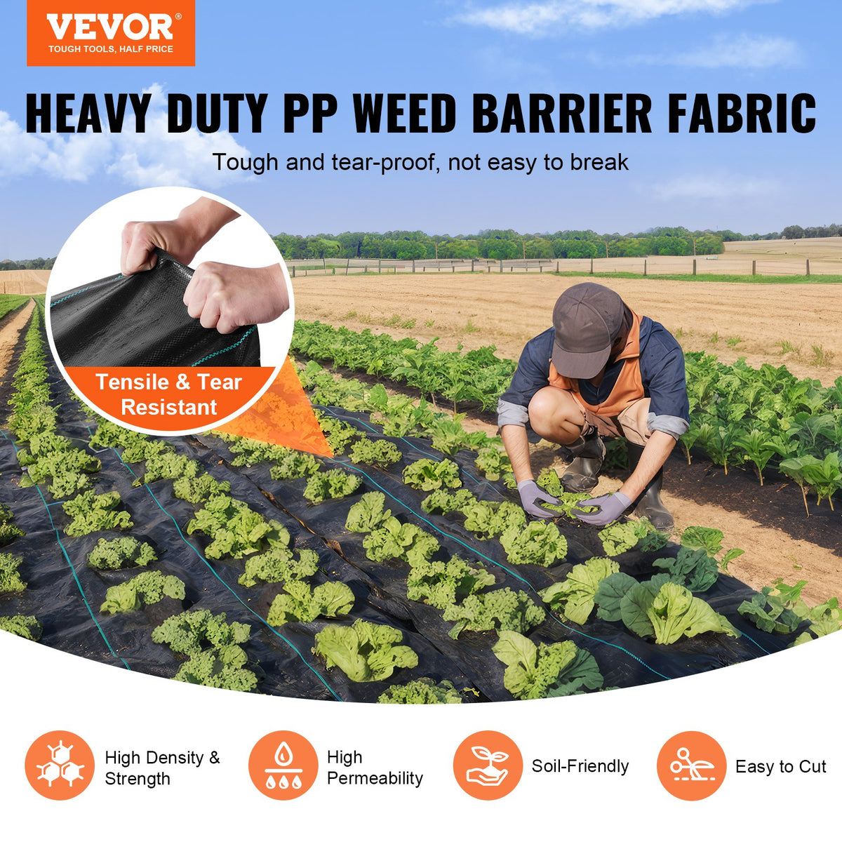 VEVOR Weed Barrier Landscape Fabric, 6.5*330FT Heavy Duty Garden Weed Fabric, Woven PP Weed Control Fabric, Driveway Fabric, Geotextile Fabric for Landscaping, Ground Cover, Weed Blocker Weed Mat