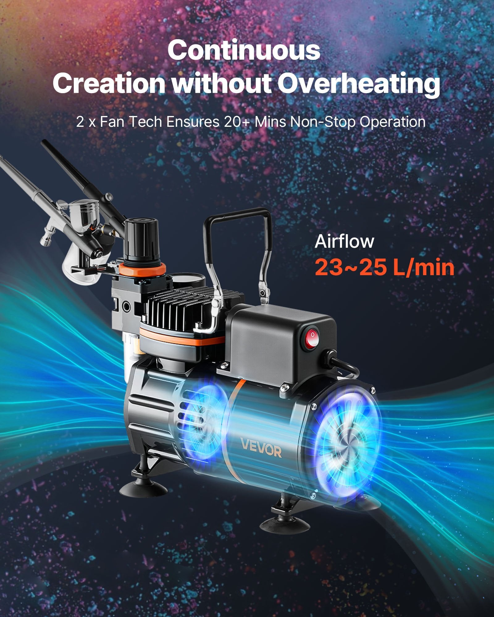 VEVOR Airbrush Kit, 1/6 HP, Air Brush Kit with Air Compressor, 3 Dual-Action Professional Airbrushes with 3 Tips, Hose, Acrylic Paint, 2 Fans, Low Noise, for Cake Decorating, Model Painting, Nail Art