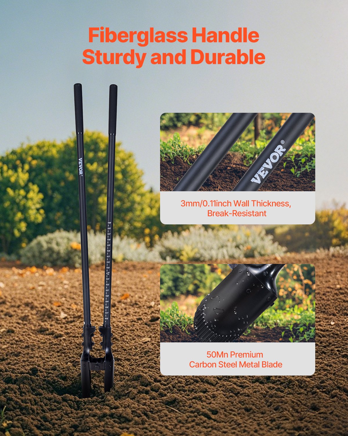 VEVOR Post Hole Digger, Heavy Duty Post Hole Digger with Fiberglass Handle, Manual Hole Digger with Scale Markings and Metal Blade, Post Hole Digger Tool for Digging Gardening and Outdoors, 1460 mm