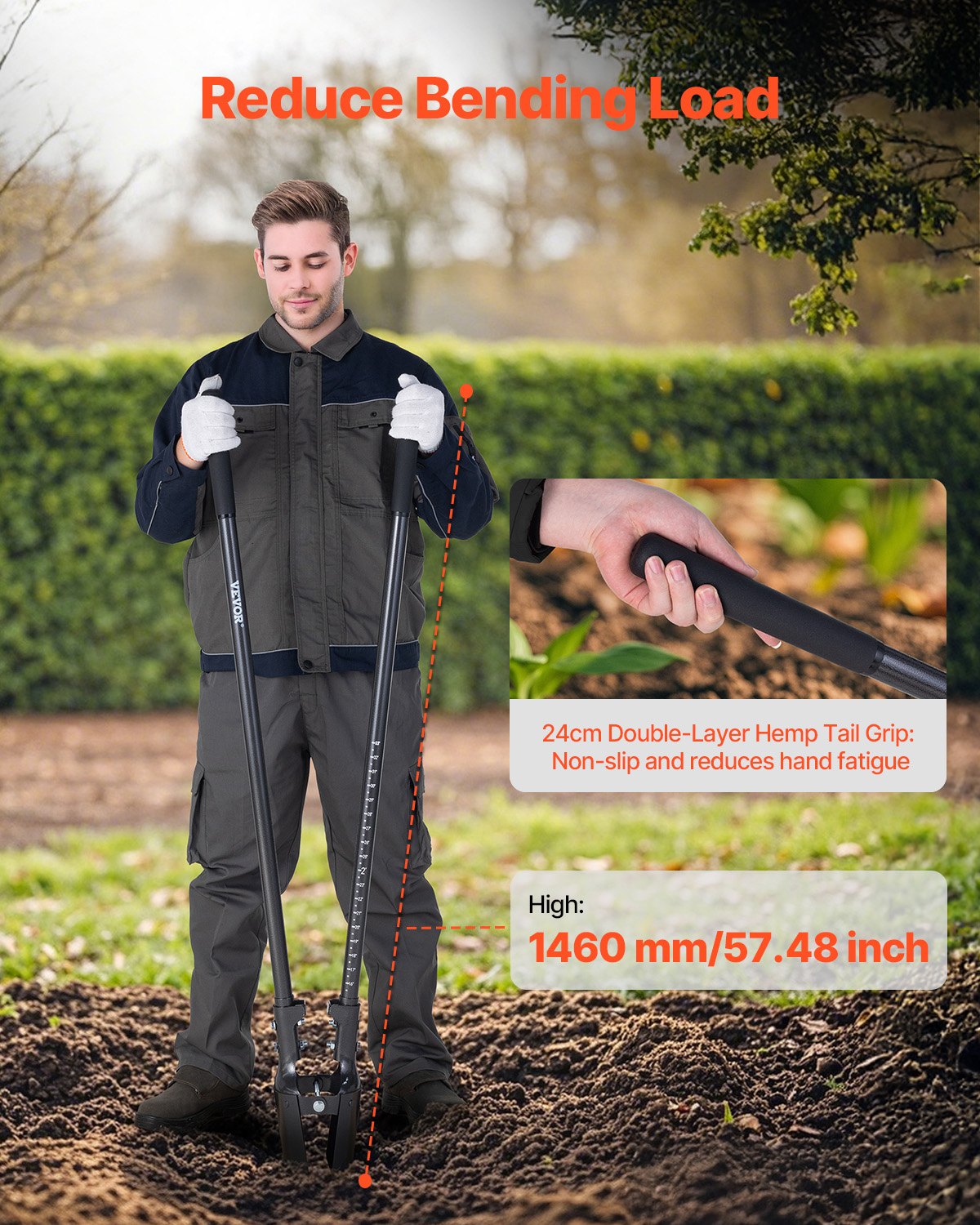 VEVOR Post Hole Digger, Heavy Duty Post Hole Digger with Carbon Steel Handle, Manual Hole Digger with Scale Markings and Metal Blade, Post Hole Digger Tool for Digging Gardening Outdoors, 1460 mm