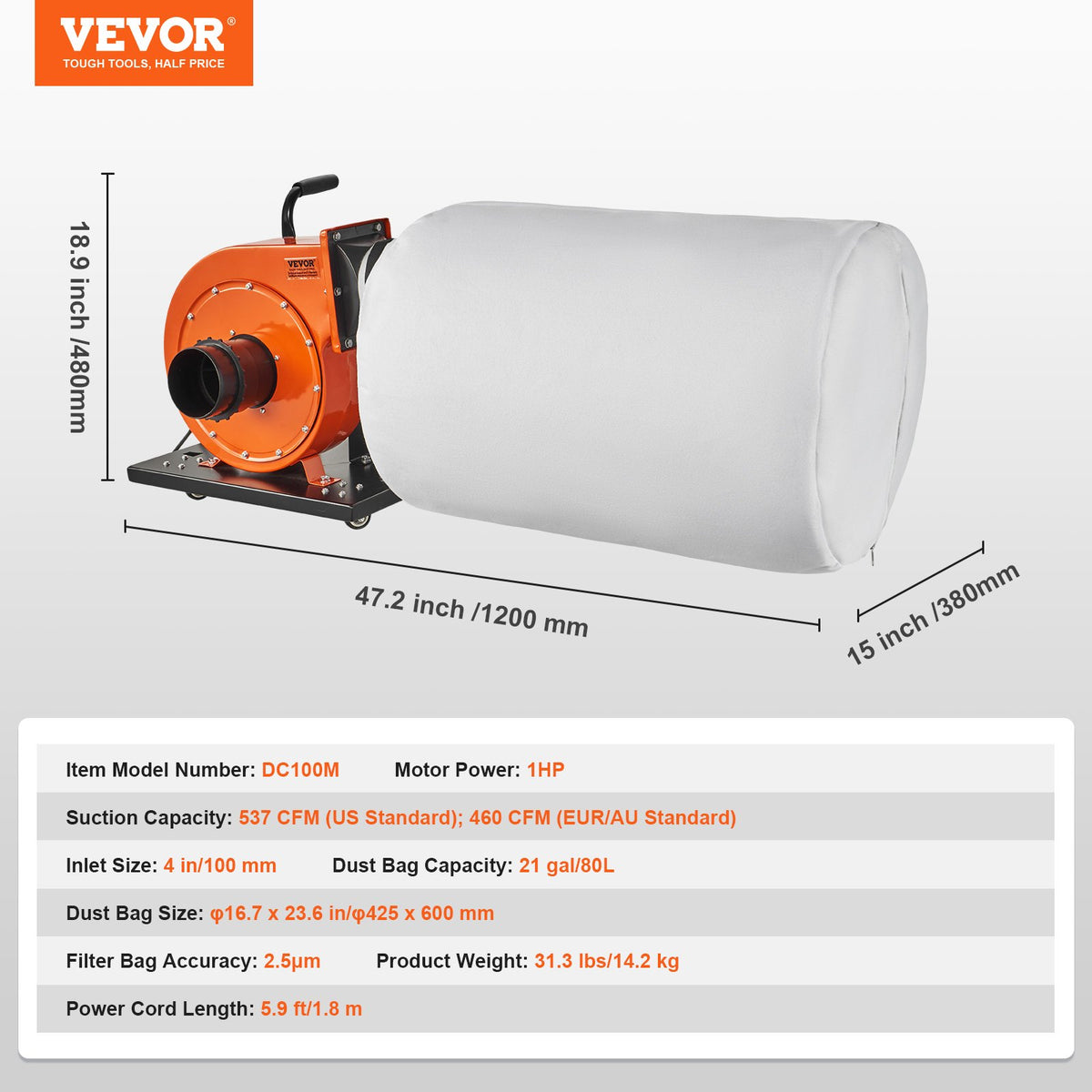 VEVOR Dust Collector, 1HP 460 CFM Air Flow, Rolling Dust Collector with 80L Large Dust Collection Bag, 2.5 Micron Bag Filtration, Industrial Workshop Mobile Wood Dust Container with Handle and Wheels