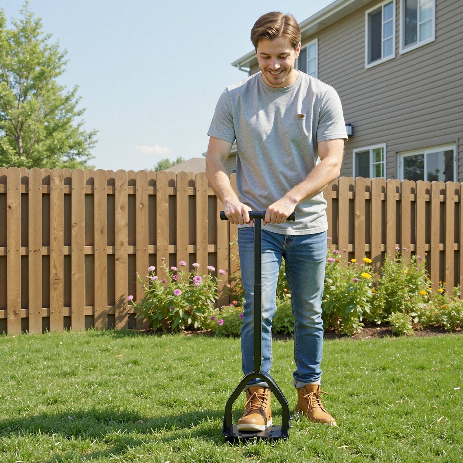 Lawn Aerator, 9.2 in Manual Core Aerator Tool with 15 Iron Spikes, Long Handle & Wide Plate, Heavy Duty Grass Aeration Tool, Yard Aerators for Compacted Hardened Soil Lawn Aeration