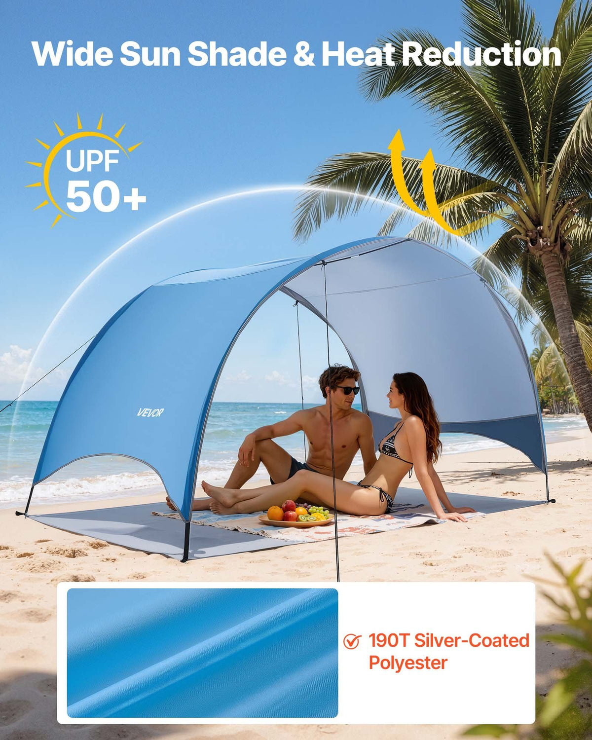 Beach Tent Sun Shelter for 3 Person, UPF 50+ Protection, Portable Sun Shade Canopy with Carrying Bag & Ground Stakes, Lightweight and Easy Setup Beach Umbrella for Camping Fishing Outdoor Picnic