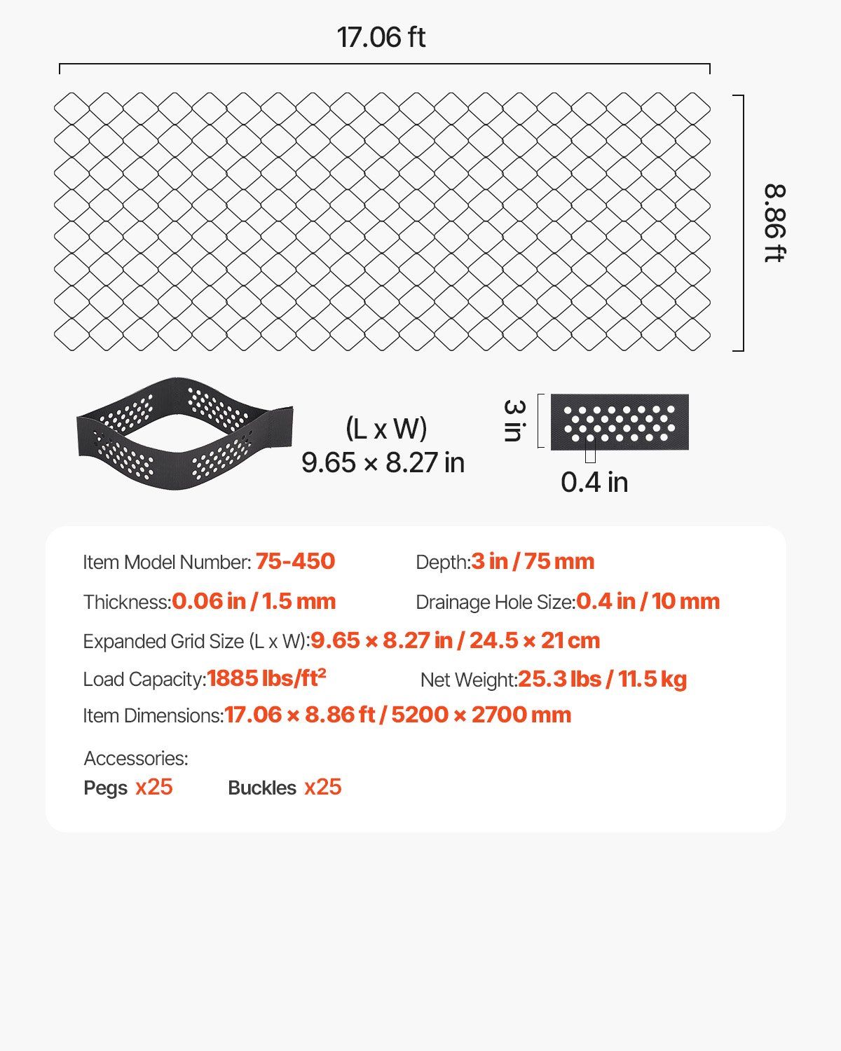 Gravel Grid, 75mm Depth, 5.2 x 2.7m, 853kg Per Sq ft Grass Ground Retainer, Permeable Geo Grids Driveway Stabilization, for Garden, Patio, Walkway, RV Parking Slopes