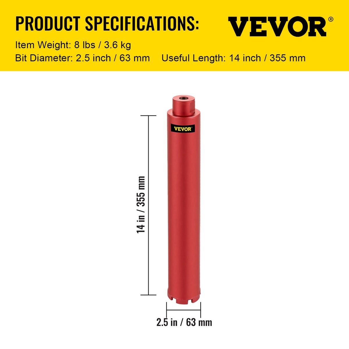 VEVOR Dry Diamond Core Drill 2.5"/ 63mm Dia. Hole Cutter for Concrete Masonry