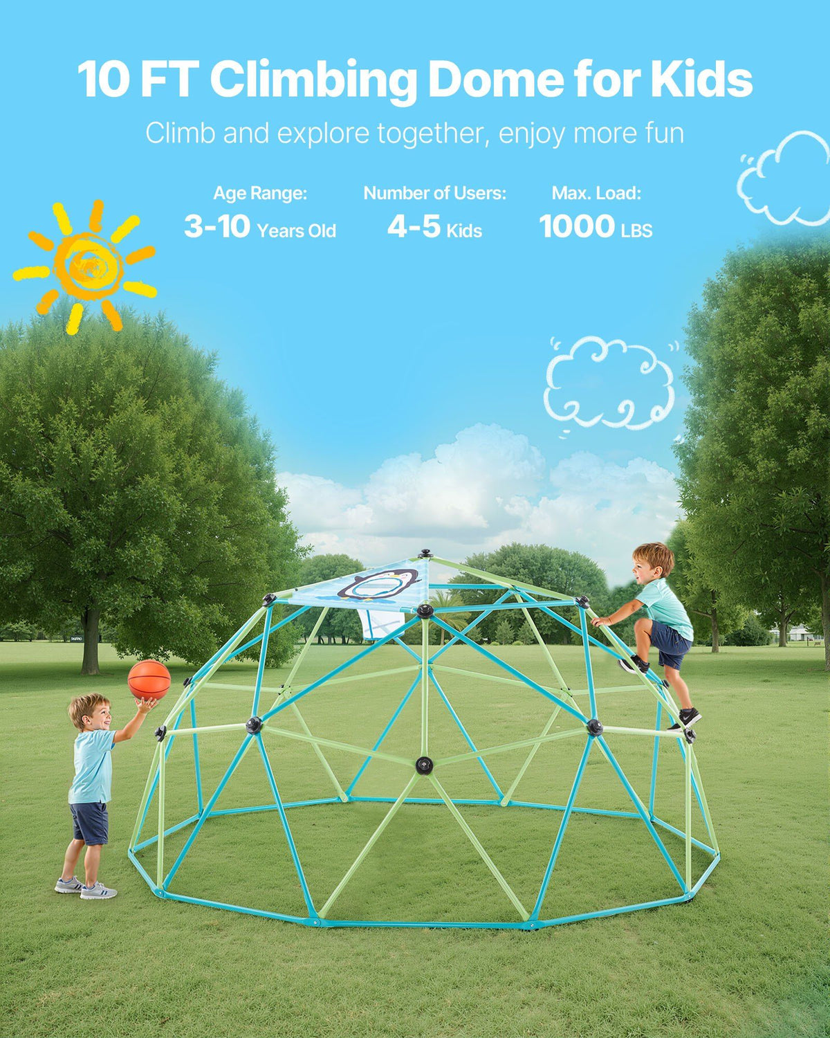 Climbing Dome, 305cm Geometric Dome Climber for Kids, 453kg Loading Jungle Gym Playground with Octopus Net & 2 Basketballs, Easy-Assembly Outdoor Backyard Climbing Toys - Gift for Boys Girls