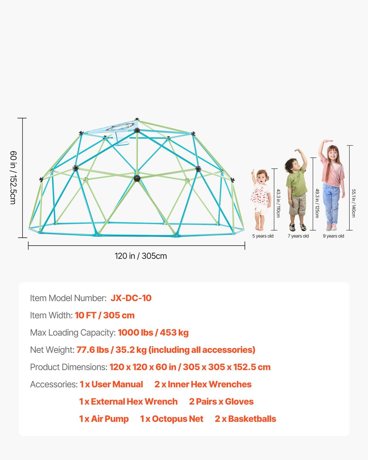 Climbing Dome, 305cm Geometric Dome Climber for Kids, 453kg Loading Jungle Gym Playground with Octopus Net & 2 Basketballs, Easy-Assembly Outdoor Backyard Climbing Toys - Gift for Boys Girls