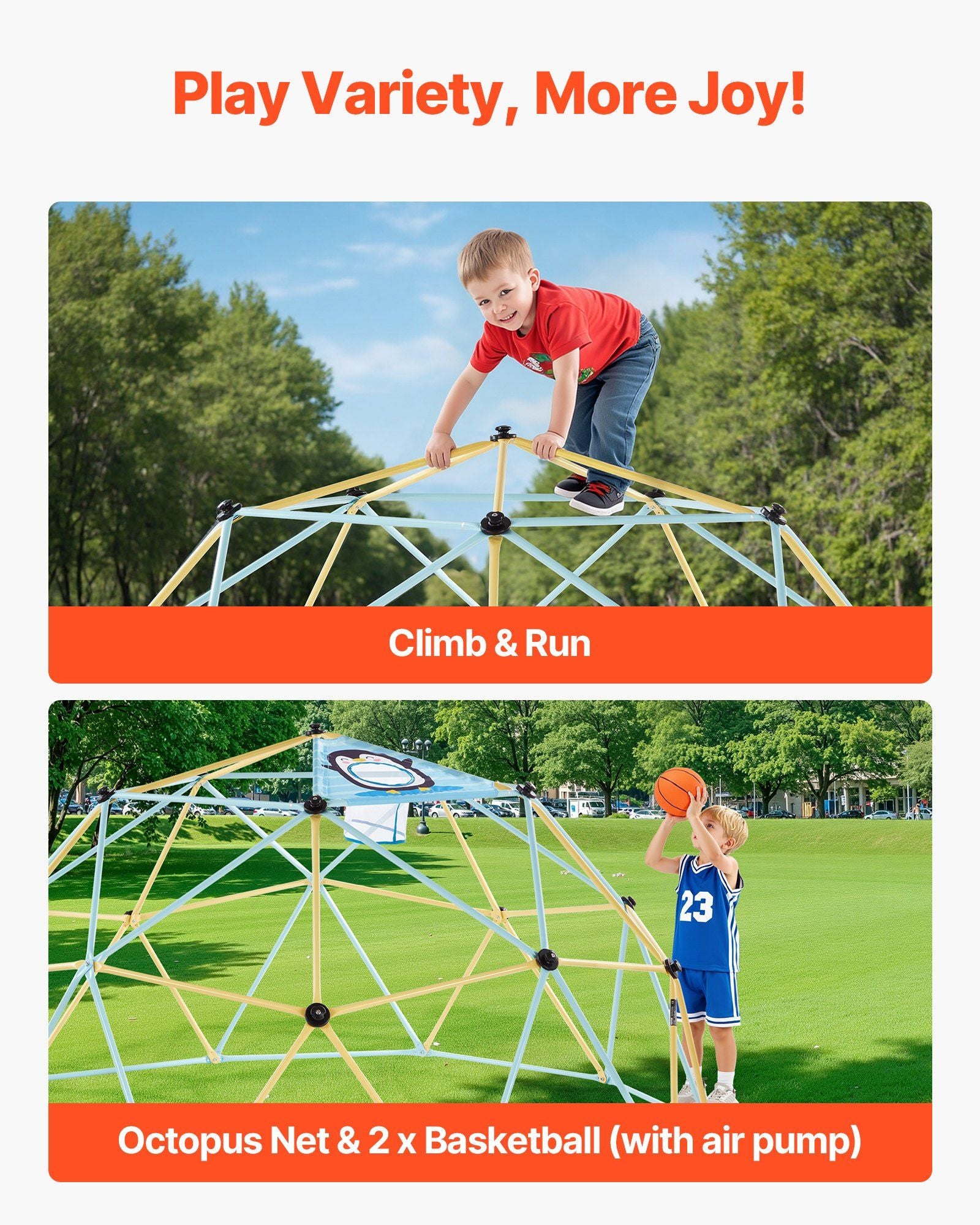 Climbing Dome, 305cm Geometric Dome Climber, 453kg Loading Jungle Gym Playground with 2 Basketballs & Octopus Net, Easy-Assembly Outdoor Backyard Climbing Equipment for Kids 3 to 10 Years Old
