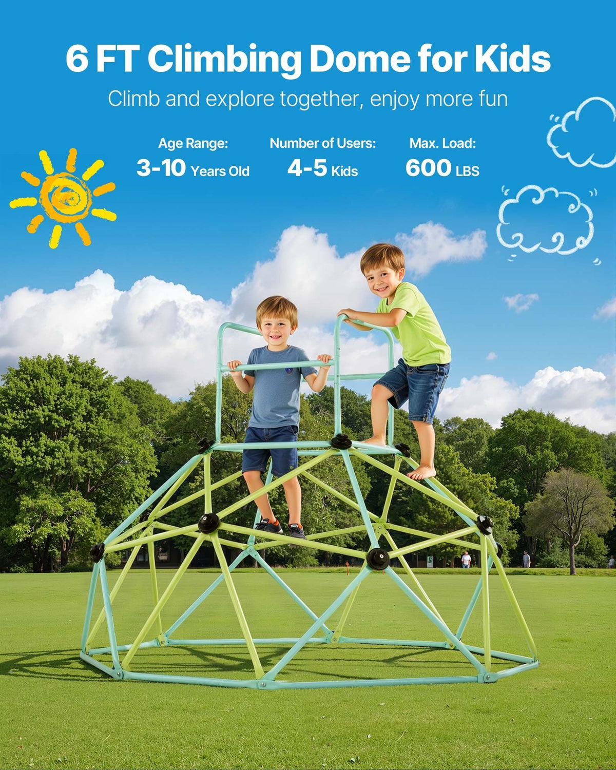 Climbing Dome, 183cm Geometric Dome Climber for Kids, 270kg Loading Indoor/Outdoor Jungle Gym Playground, Easy-Assembly Backyard Climbing Play Equipment for Boys Girls 3 to 10 Years Old