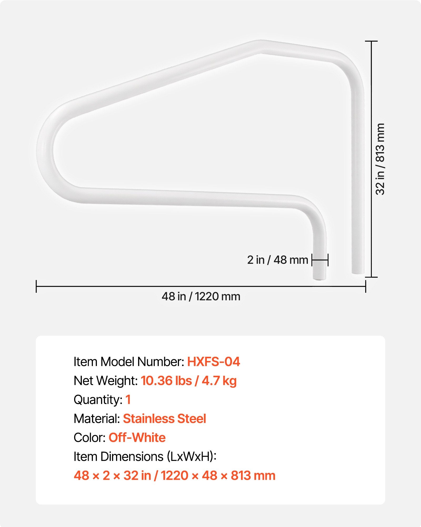 VEVOR Pool Rail, 122 x 81.3 cm Pool Handrail, 100kg Load Capacity Heavy Duty Stainless Steel Swimming Handrail, Seamless Welding, Recessed or Base Mount, for Poolside, Water Parks, Spa Centers