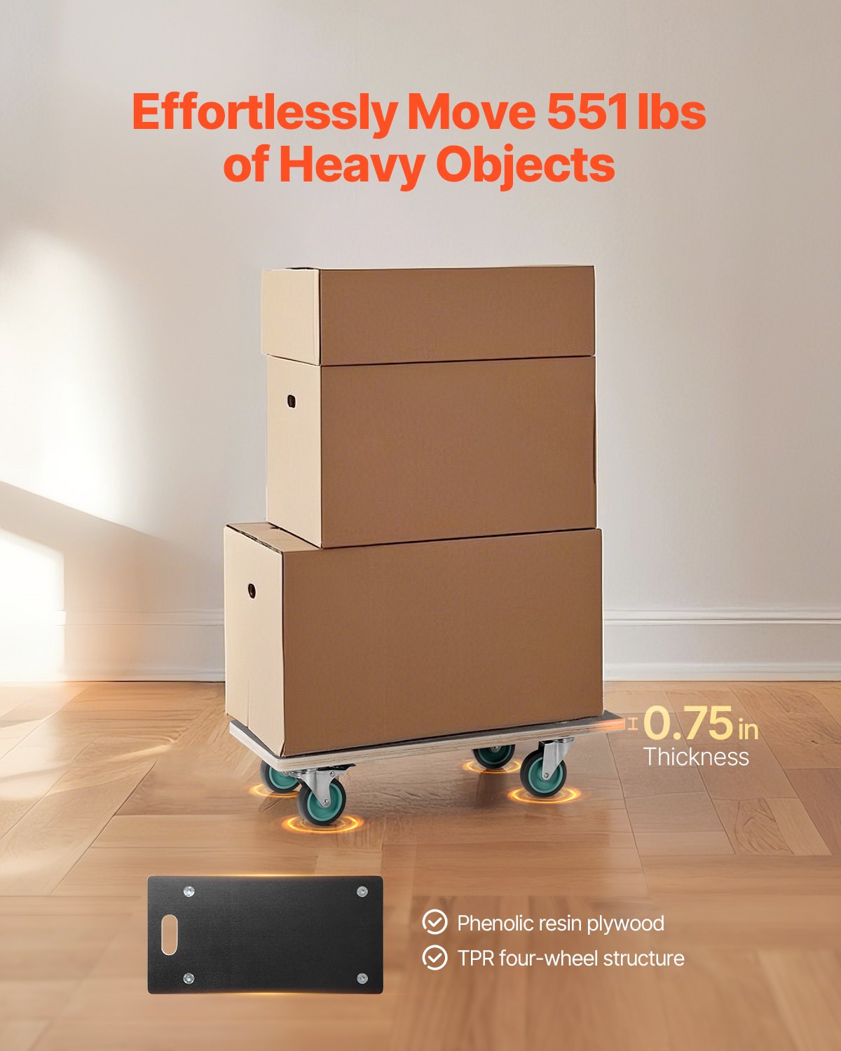 VEVOR Furniture Dolly, 551 lbs Load Capacity, Furniture Moving Dollies with 4 TPR Silent Wheels, Rectangle Multifunctional Flat Dolly for Piano Furniture Couch Washing Machine Fridge, 2 Pack, Black