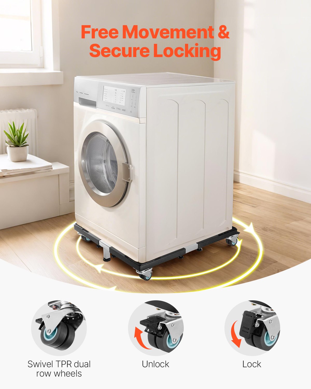 VEVOR Fridge Stand Mobile Base, 1200 lbs Load Capacity, Washing Machine Stand with 8 Locking Twin Wheels and 4 Brakes, 23-36.6 Inches Adjustable Furniture Dolly for Washer, Refrigerator and Dryer