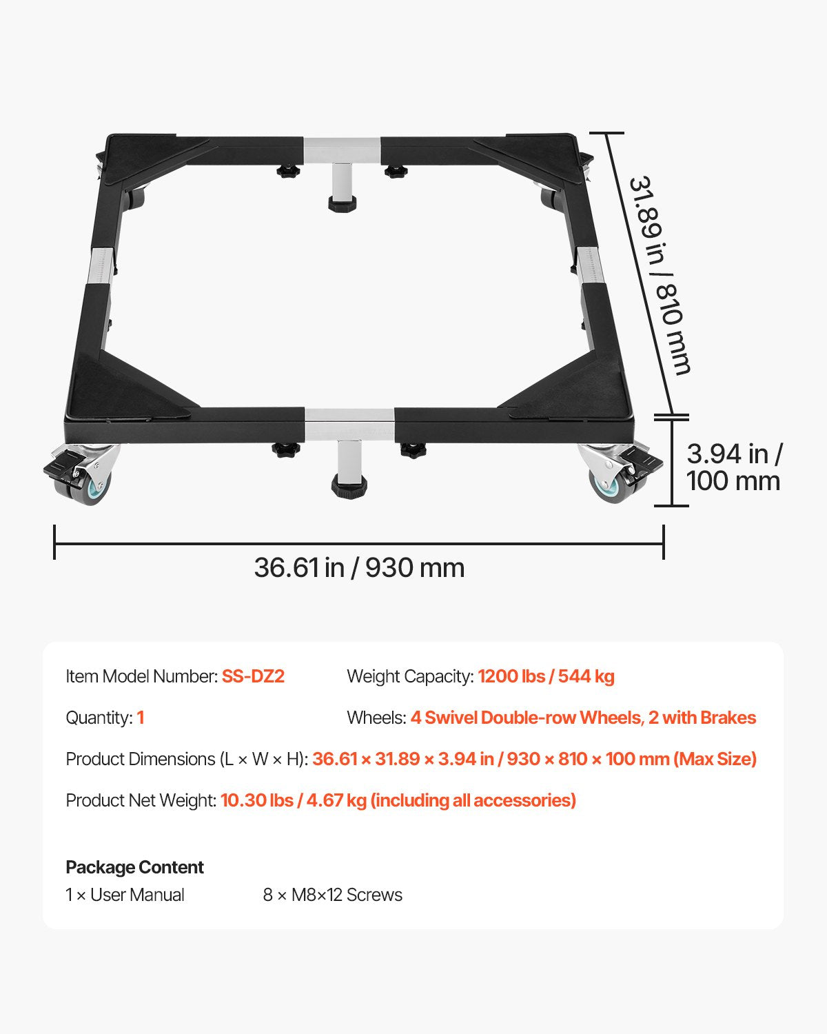 VEVOR Fridge Stand Mobile Base, 1200 lbs Load Capacity, Washing Machine Stand with 8 Locking Twin Wheels and 4 Brakes, 23-36.6 Inches Adjustable Furniture Dolly for Washer, Refrigerator and Dryer