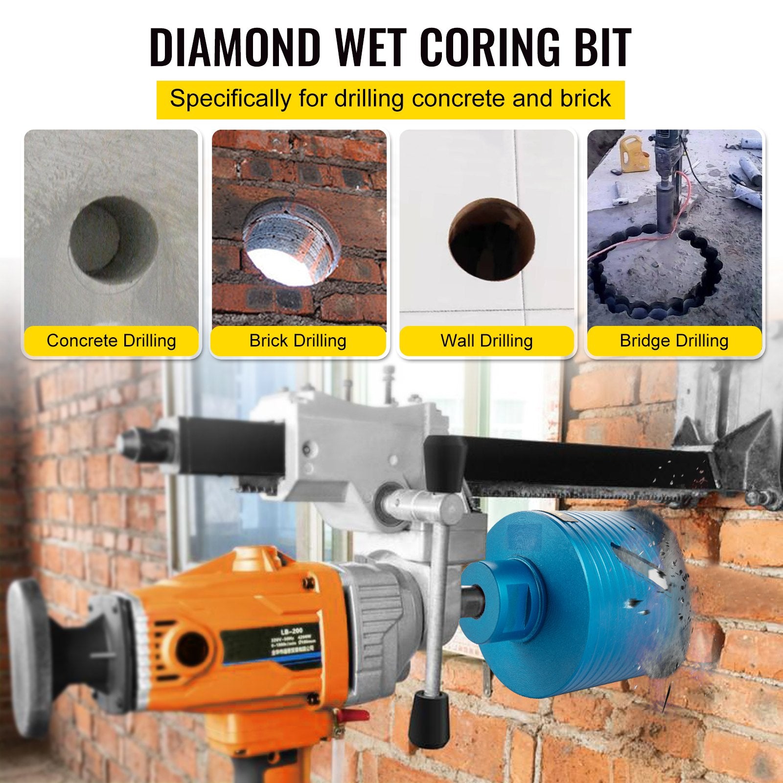 VEVOR Dry Core Drill Bit,  88.9 mm Diameter 11 Threaded, 241.3mm Depth Diamond Coring Bore Tool with a Pilot Bit &  Blade, Masonry Hole Saw Bits for Hard Concrete Brick