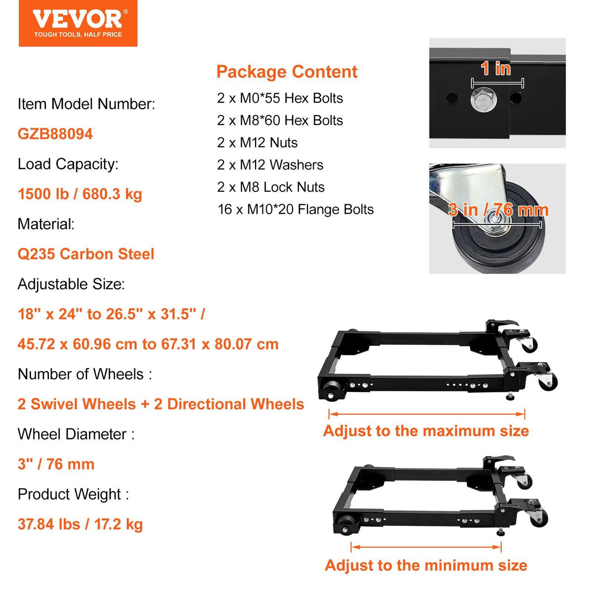 Mobile Base, 680.3 kg Capacity, Adjustable from 457.2 x 609.6 mm to 673.1 x 800.7 mm, Heavy Duty Universal Mobile Base Stand with Swivel Wheels, for Woodworking Equipment, Bandsaw, Power Tools