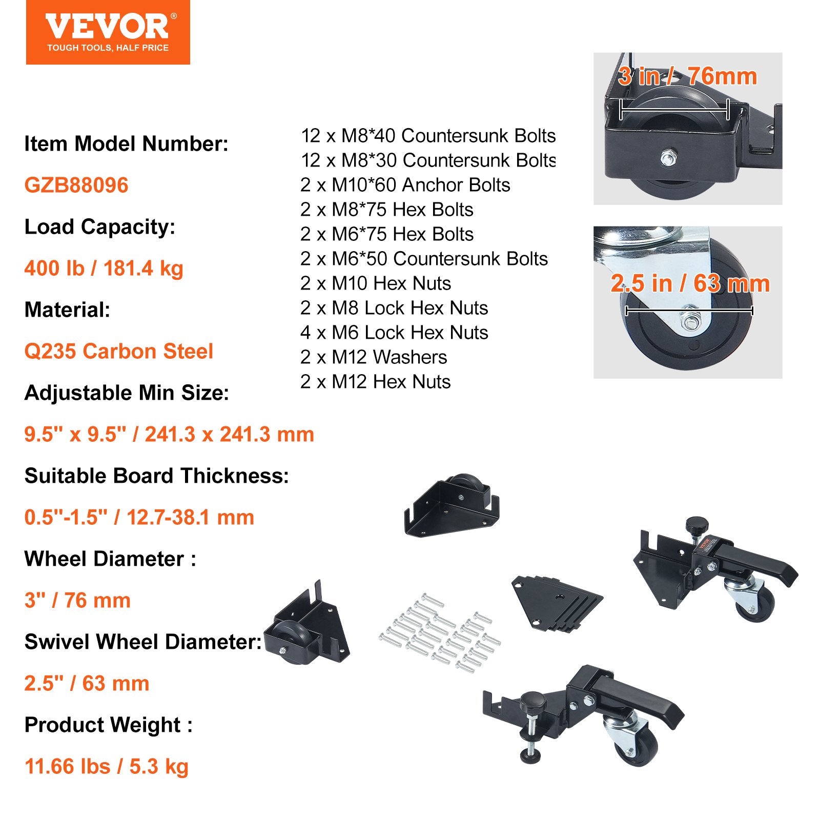 VEVOR Mobile Base, 181.4 kg Capacity, Adjustable from 241.3 x 241.3 mm to Infinity, Heavy Duty Universal Mobile Base Stand with Swivel Wheels, for Woodworking Equipment, Bandsaw, Power Tools, Machines