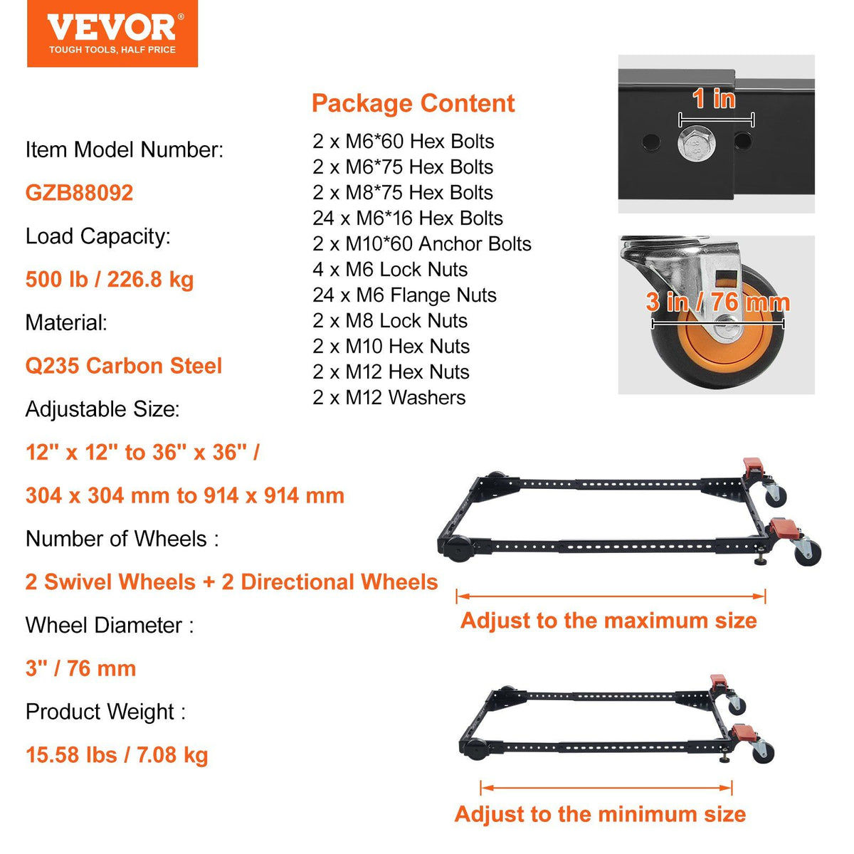Mobile Base, 226.8 kg Capacity, Adjustable from 304 x 304 mm to 914 x 914 mm, Heavy Duty Universal Mobile Base Stand with Swivel Wheels, for Woodworking Equipment, Bandsaw, Power Tools, Machines