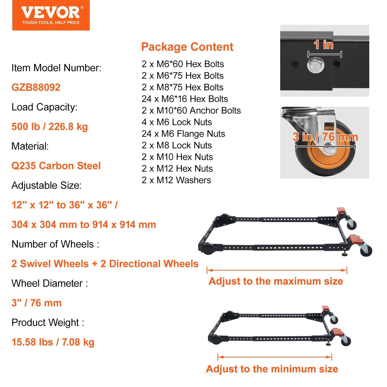 Mobile Base, 226.8 kg Capacity, Adjustable from 304 x 304 mm to 914 x 914 mm, Heavy Duty Universal Mobile Base Stand with Swivel Wheels, for Woodworking Equipment, Bandsaw, Power Tools, Machines